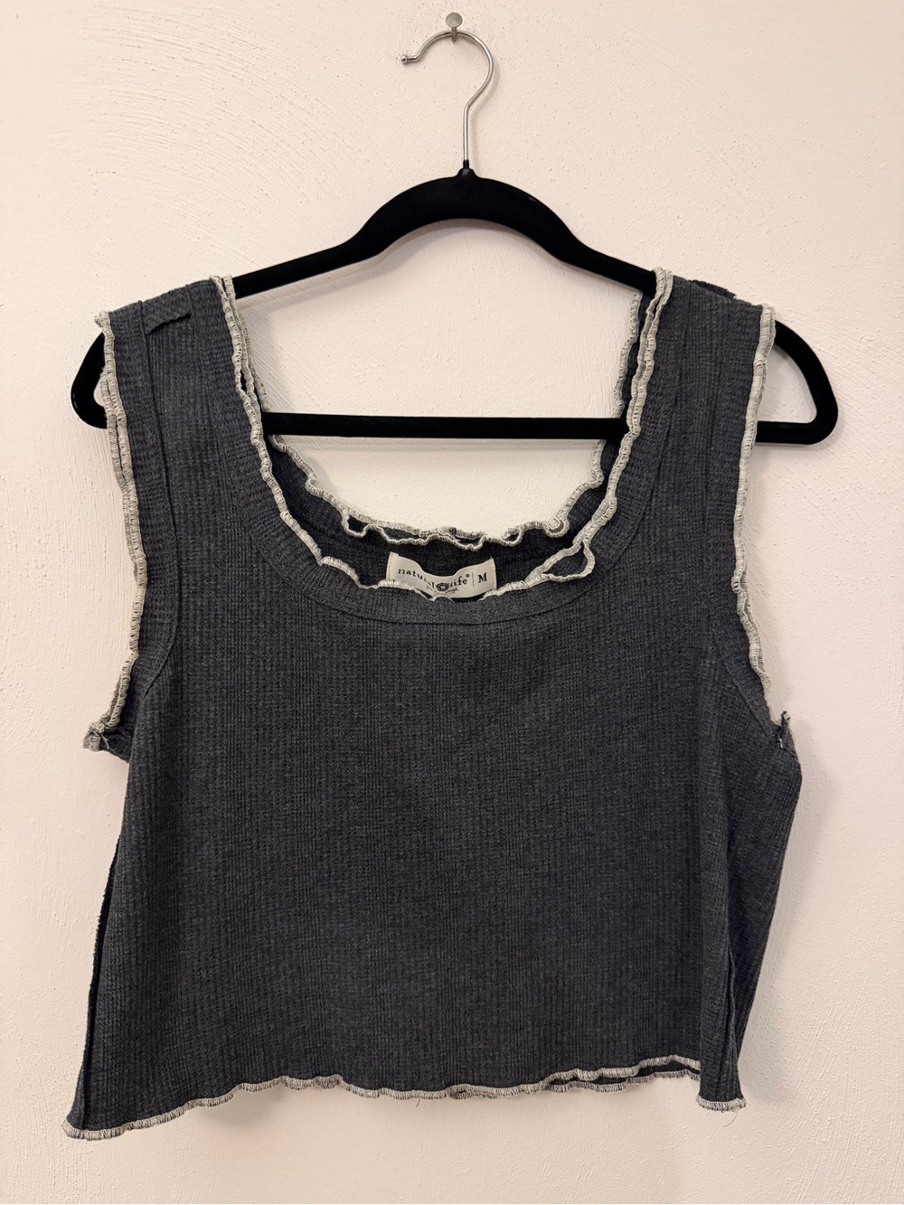 NATURAL LIFE Dark Gray Ribbed Cropped Tank with Cream Lettuce Edge